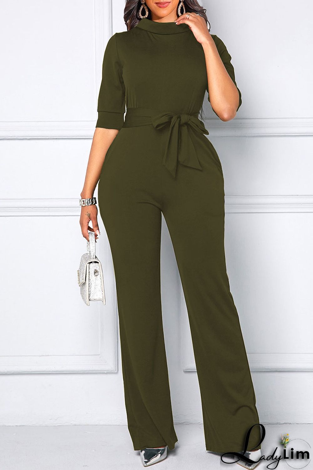 Brown Casual Solid Split Joint With Belt Half A Turtleneck Straight Jumpsuits