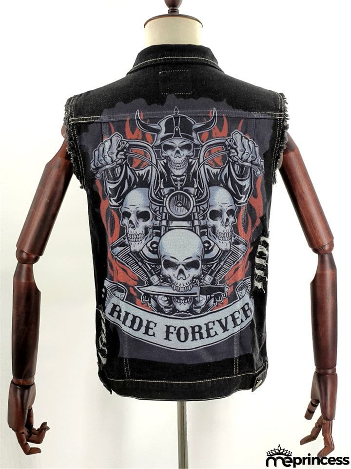 Black Punk Style Skull Flame Print Denim Vest for Men