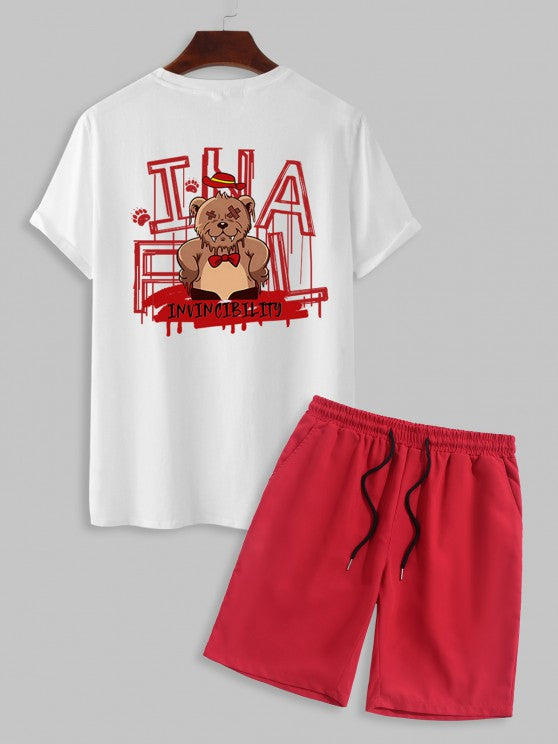 Cartoon Bear Printed T Shirt And Casual Shorts Set