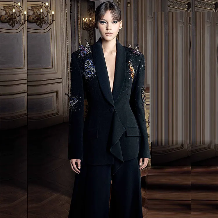 Autumn Winter Star Heavy Industry Three Dimensional Butterfly Beads Rhinestones Work Pant Two Pieces Sets 