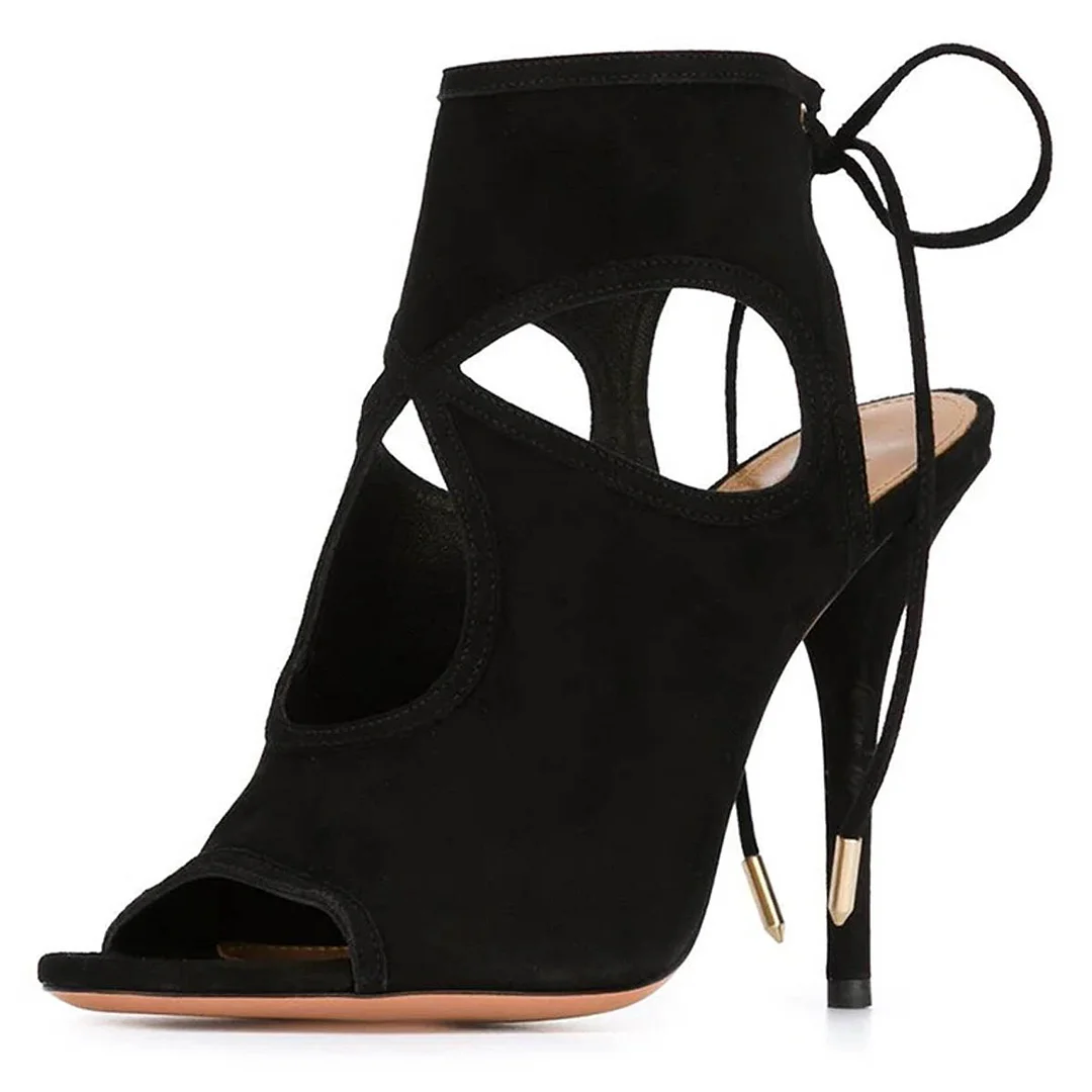 Black Vegan Suede Open Toe Cut Out Slingback Stiletto Heeled Sandals