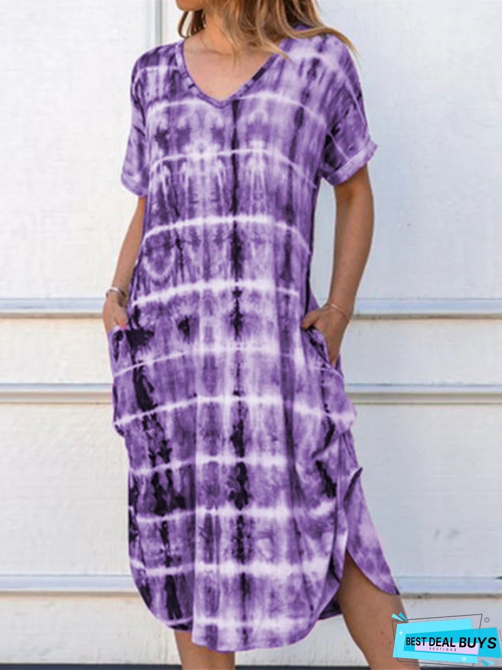 New Women's Short-Sleeved V-Neck Loose-Fitting Fork Print Dress