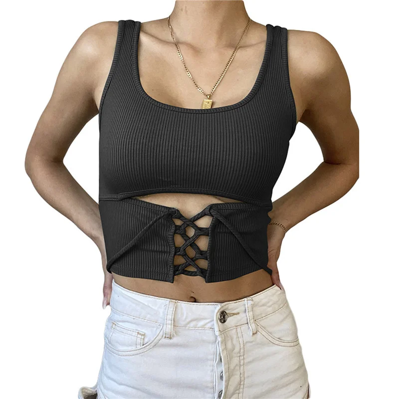 Women's Shirt Sexy U-neck Hollow Out Camisole Sleeveless Solid Color Criss Cross Tank Top Lace-up Rib Knit Crop Tops