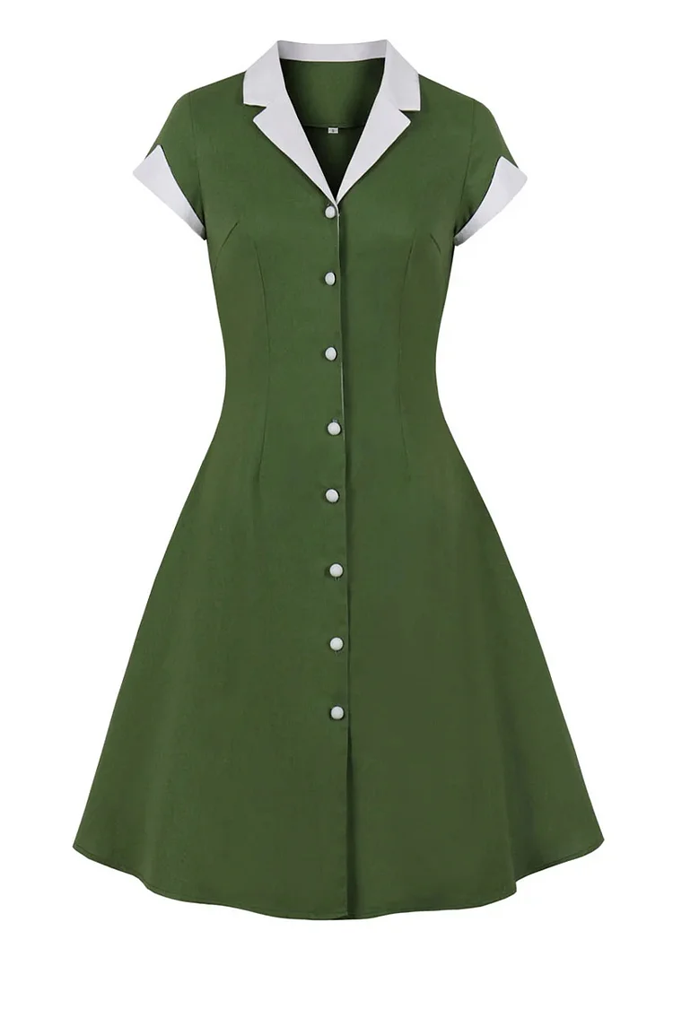 1950s Green Party Turndown Collar Buttons Midi Dresses