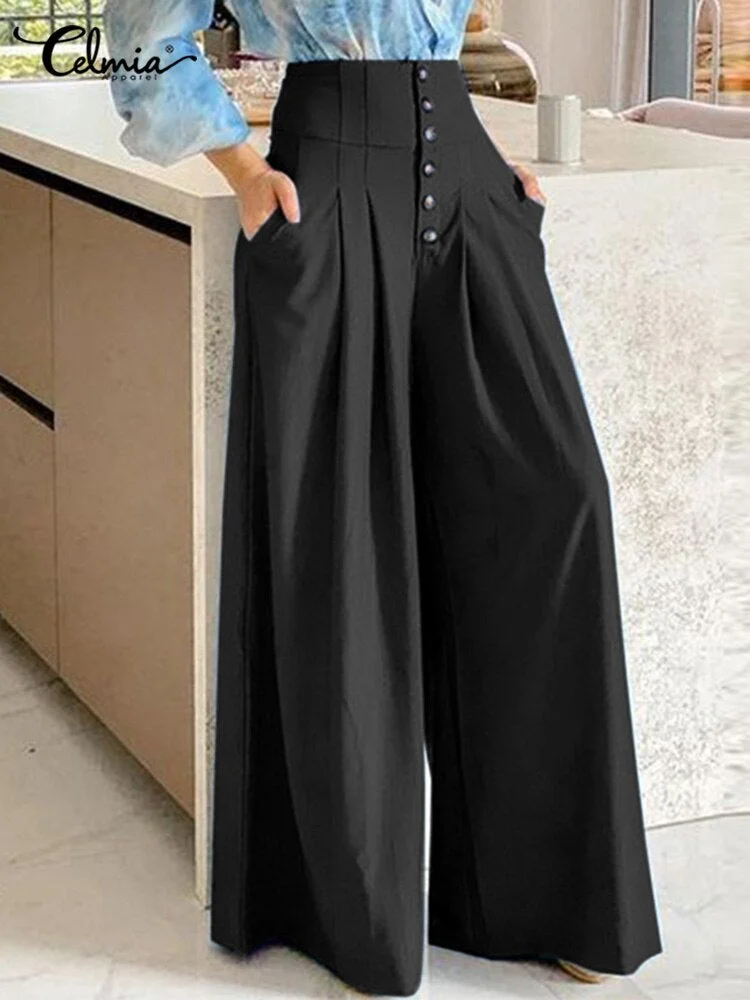 Celmia Office Elastic Waist Pantalones Women Casual Loose Elegant Pockets Long Trousers Button High Waist Pleated Wide Leg Pants