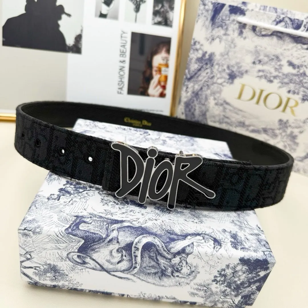 CD New Men's Letter Embroidery Cowhide Double-Sided Belt Genuine Leather Fashion Versatile Casual Youth Knitted Pants Belt
