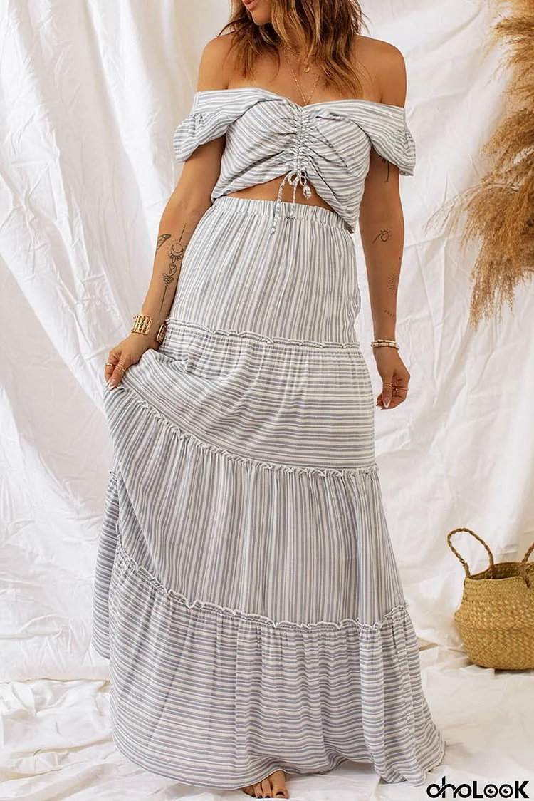 Striped Print Lace-up Crop Top Tiered Ruffle Maxi Skirt Set