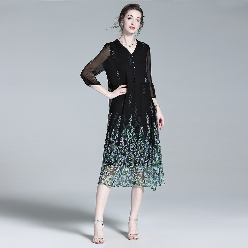 100 Silk Dress A-Line Midi Elegant Style REAL SILK LIFE