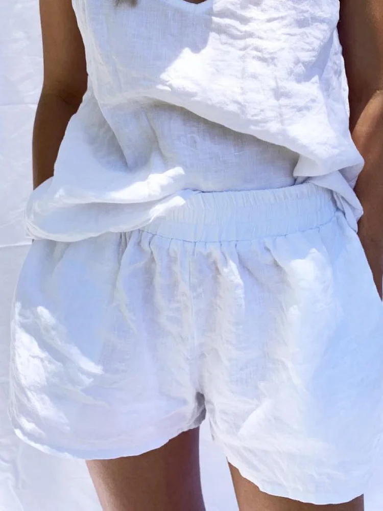 White Cotton-Blend Casual Plain Pants