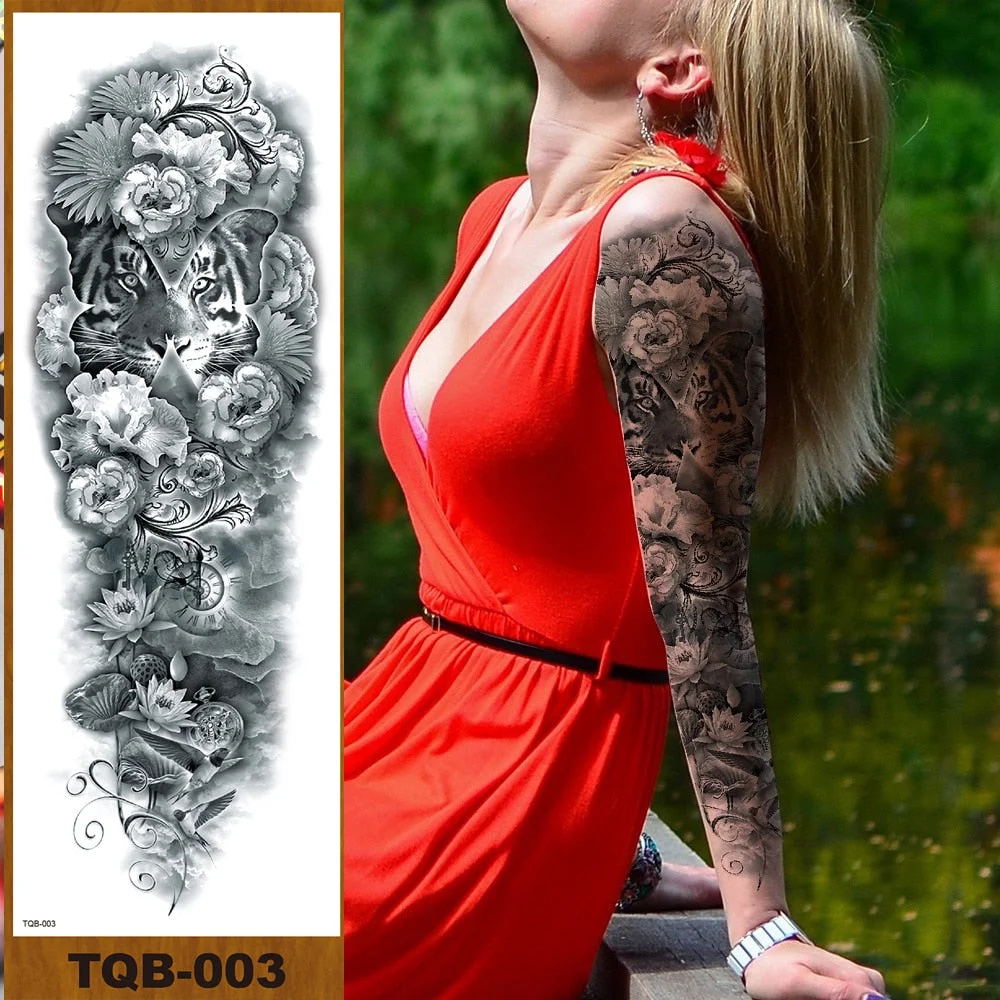 Full Flower Arm Temporary Tattoo Stickers Man Woman Girl Body Leg Fake Tatoo Sexy Fox Bear Owl Cheetah Tiger Timberwolves Lion