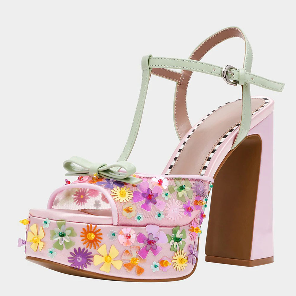 Light Pink and Light Green T-Strap Sequin Flower Platform Heel Sandals Nicepairs