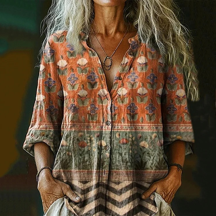Women's Vintage Floral Collage Art Pattern Print Casual Cotton And Linen Shirt