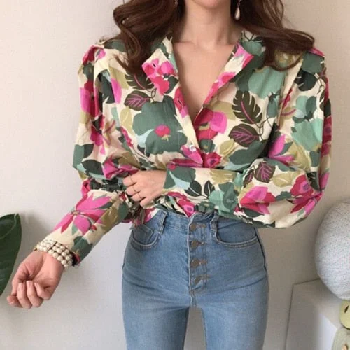 Autumn Lantern Sleeve Shirts Women Floral Blouse Long Sleeve Buttons Vintage Shirts Elegant Blouses Tops Female