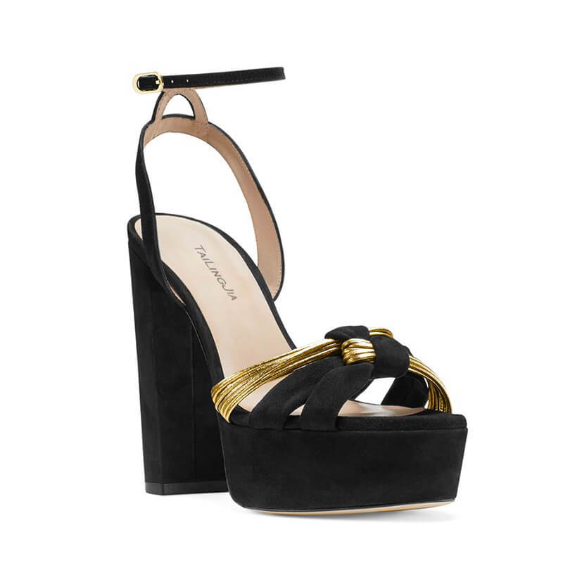 VCSHOES Suede Peep Toe Platform Chunky Heel Buckle Sandals
