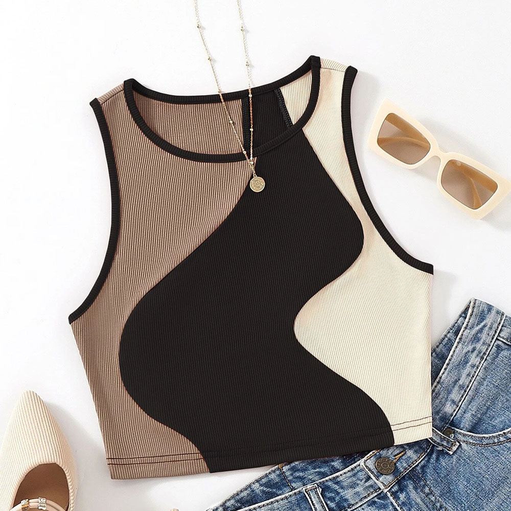 Myopiclunacy Women Sexy Solid Camis Crop Top Casual Tank Tops Vest Sleeveless Streetwear Patchwork Color T Shirt Navel Exposed Tees Summer