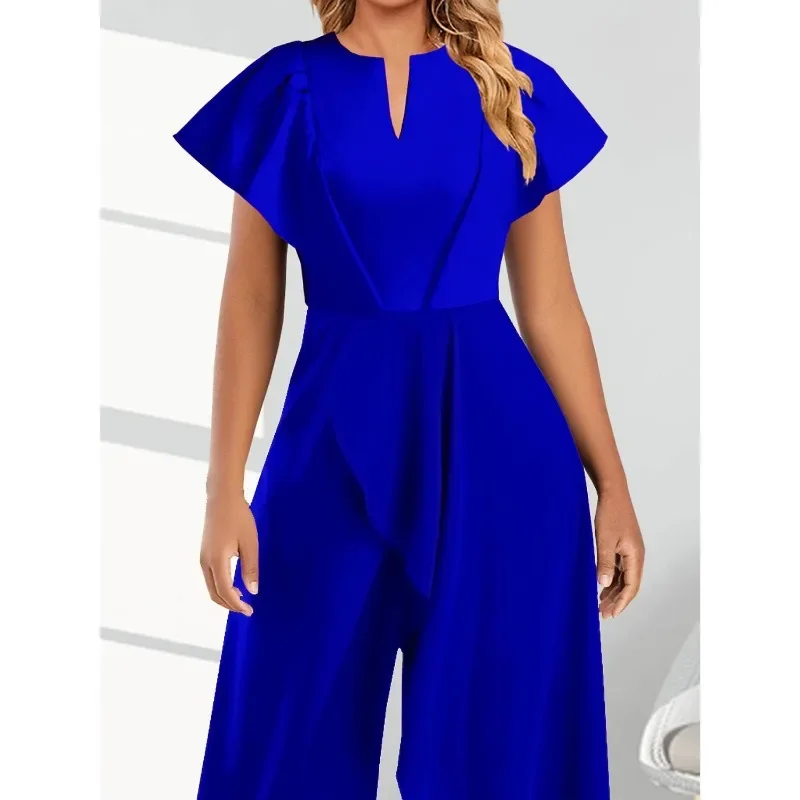 Nigikala Women's Fashion Elegant Jumpsuit Wide Leg Pants Solid Color V-neck Short Sleeved Irregular Wide Leg Pants Jumpsuit