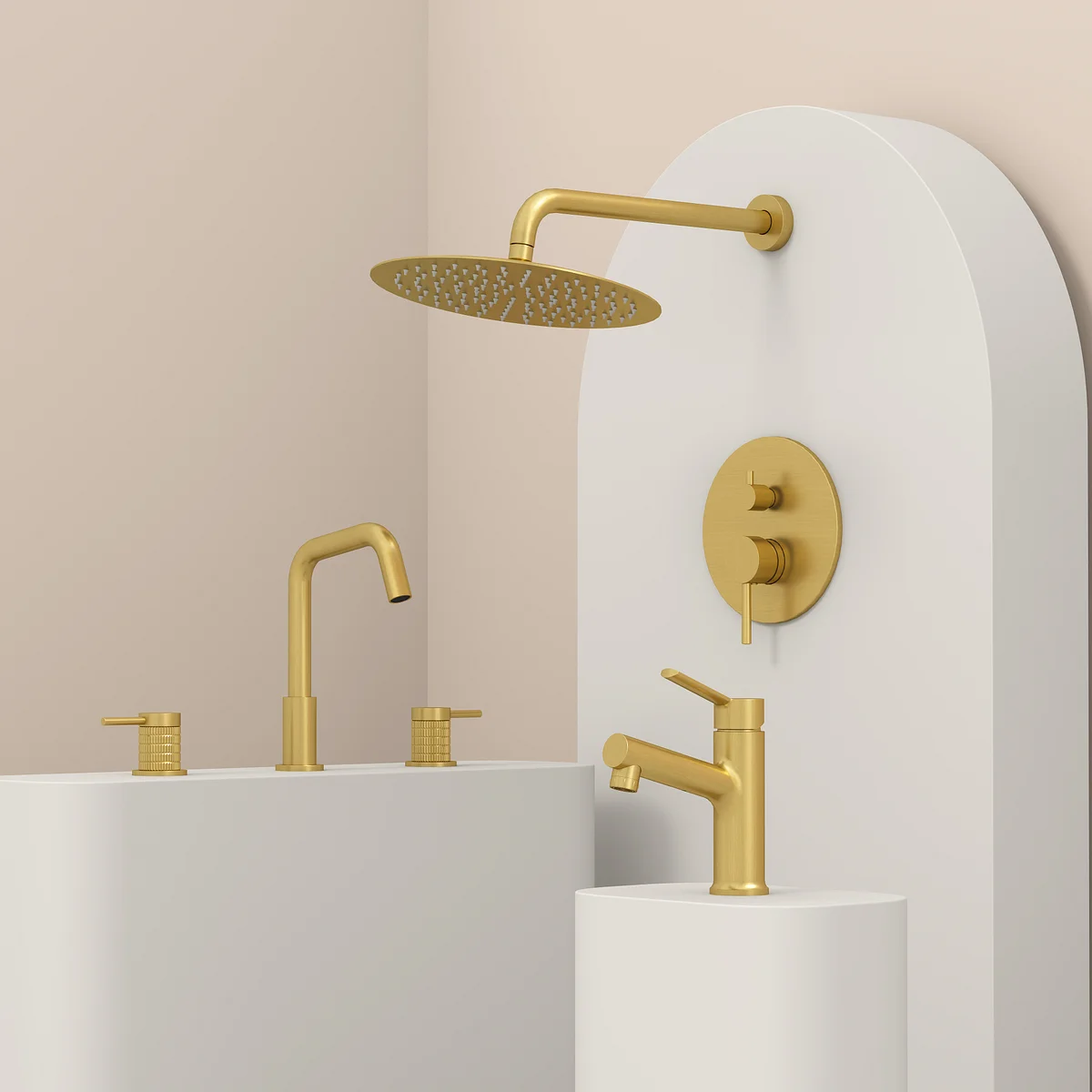Beasley Single Hole Faucet in Brushed Gold, Beasley Widespread Bathroom Faucet in Polished Chrome, Beasley Pressure Balance Shower Head in Aged Brass