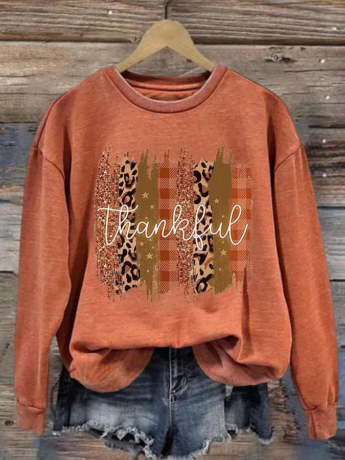 Women's Casual Thankful Print Long Sleeve Sweatshirt 
