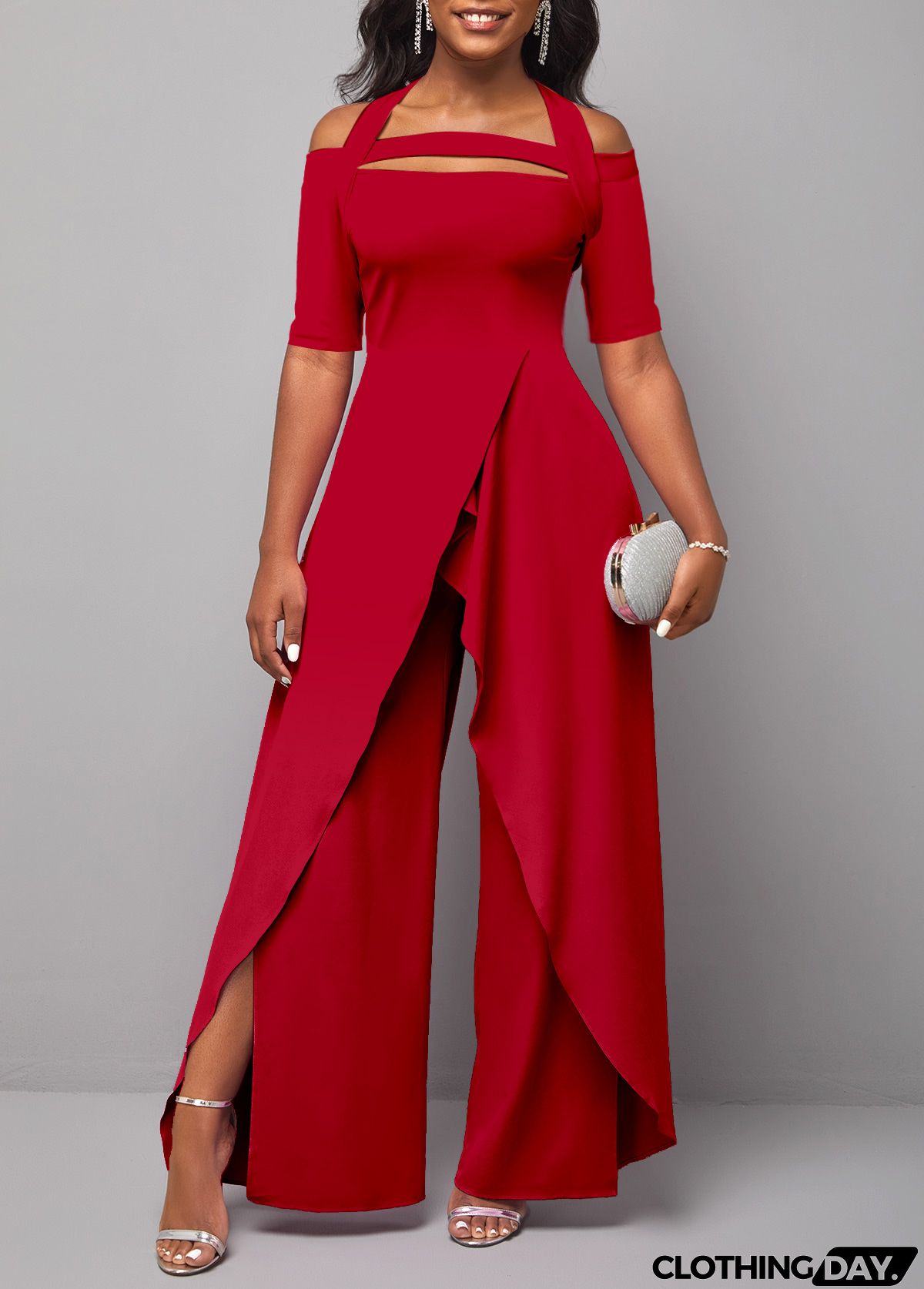 Red Plus Size Short Sleeve Halter Cold Shoulder Jumpsuit