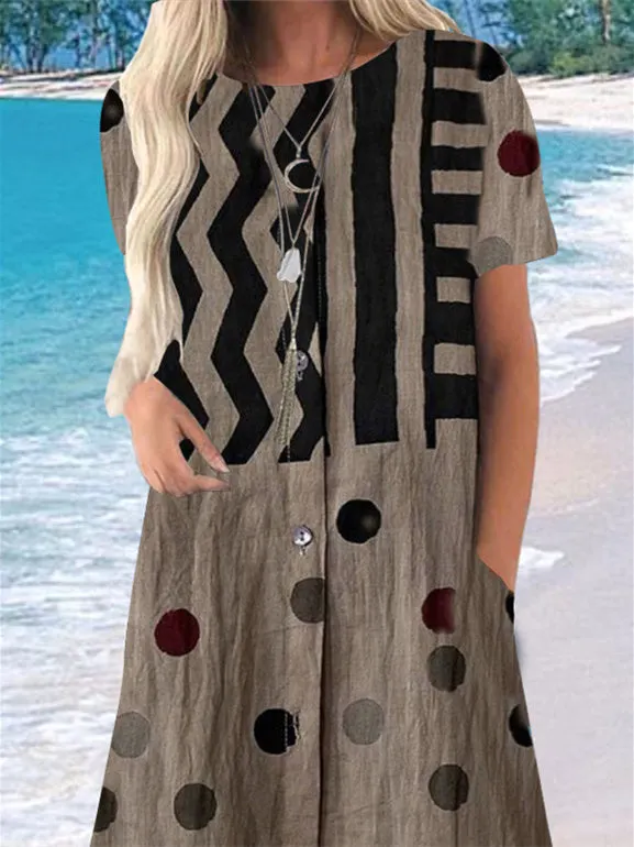 Women's Dark Brown Scoop Neck Short Sleeve Printed Maxi Dress