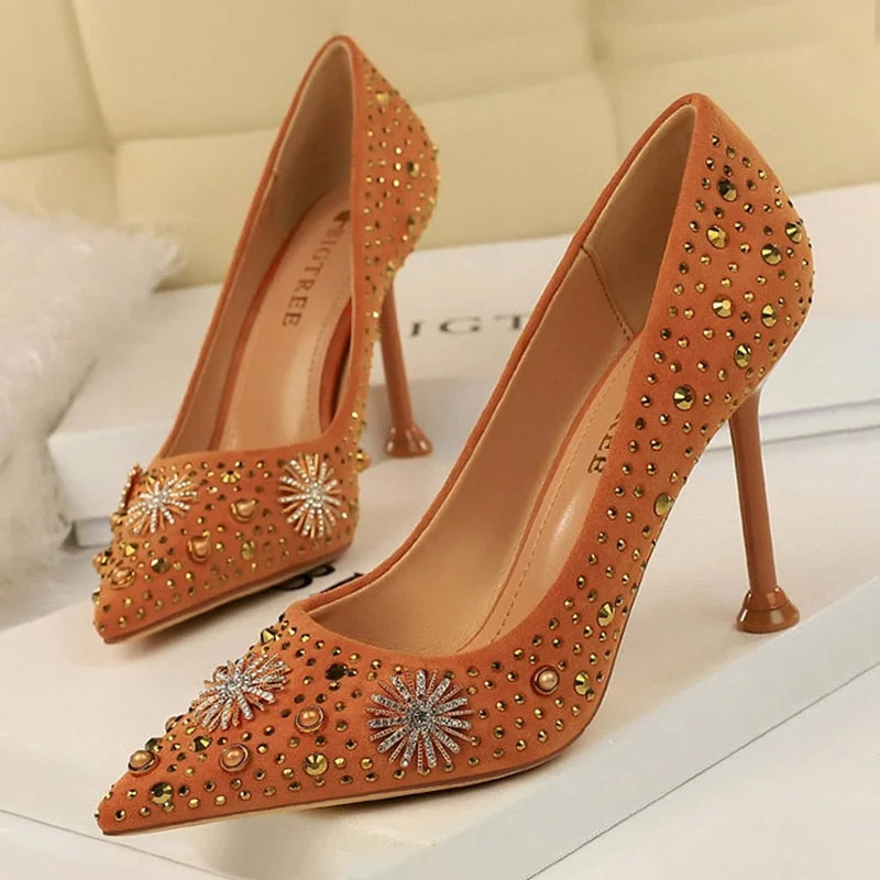 BIGTREE Shoes Rhinestone Women Pumps Sexy Party Shoes High Heels Wedding Shoes Plus Size 43 Female Stiletto Suede Women Shoes