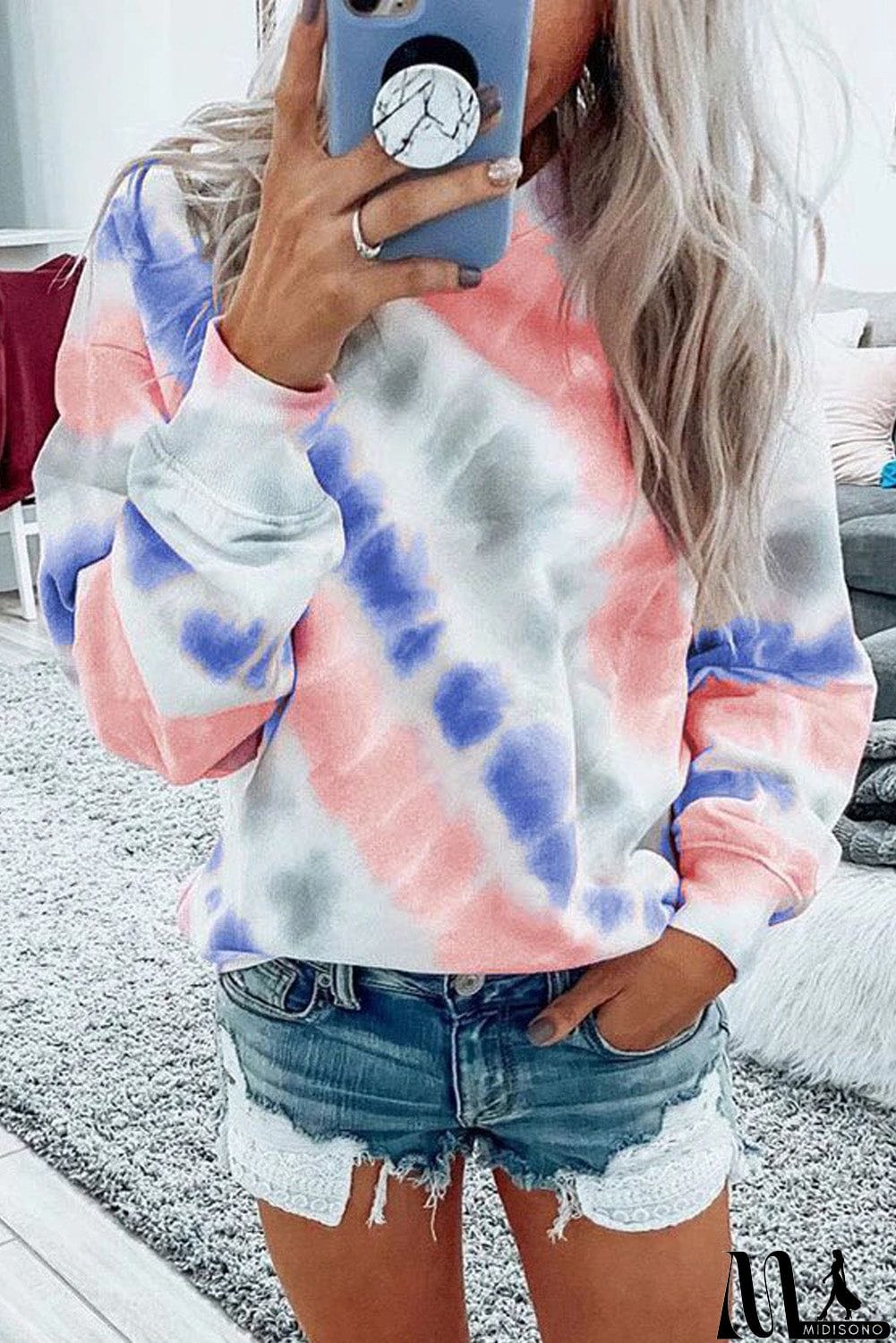 MidiSono - Casual Tie-dye Round Neck Sweatshirt