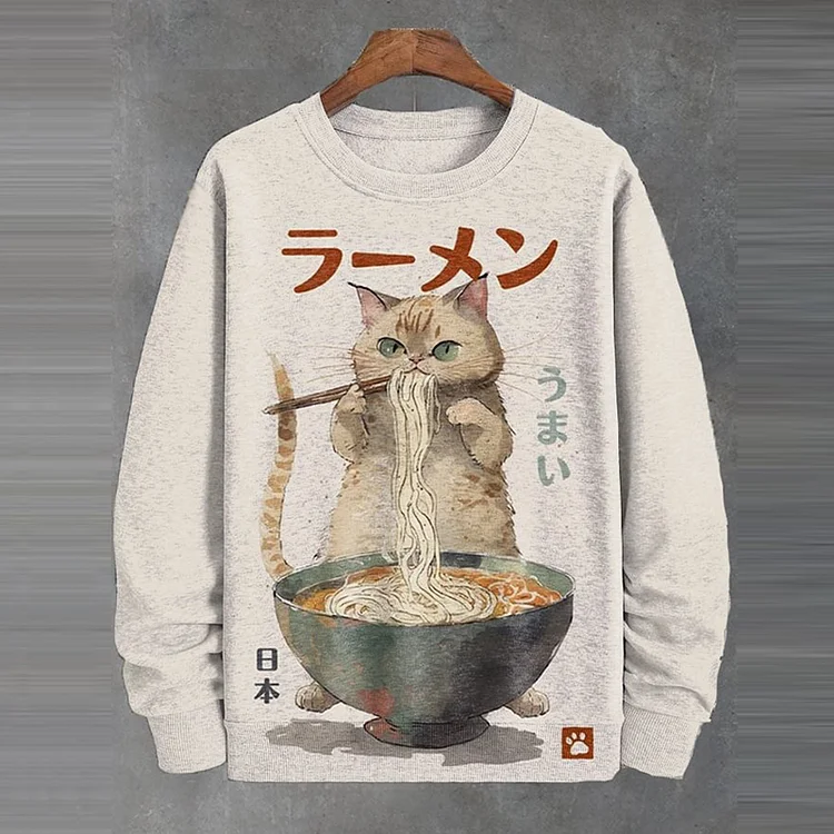 Men's Japanese Fun Ramen Cat Print Casual Sweatshirt