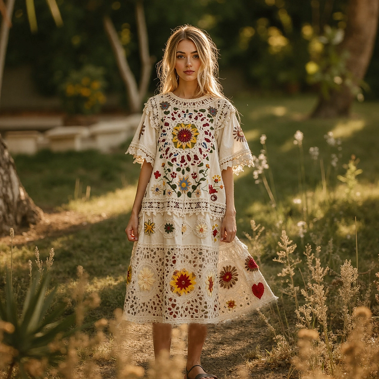 Women's Retro Lace Flowers Embroidery Art Midi Dress