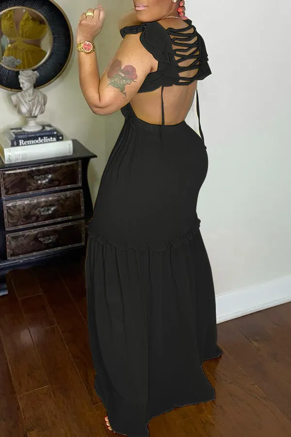 Brownm Sexy Deep Temperament Commute Backless Lace Chiffon Dress