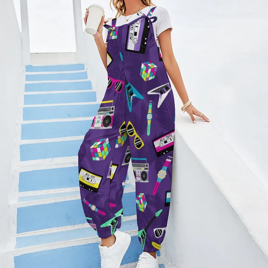 80s Purple Women's Summer Casual Loose Wide Leg Rompers Jumpsuit