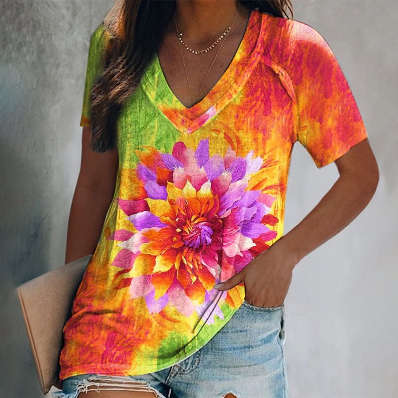 Colorful flower v-neck short sleeve graphic tees designer