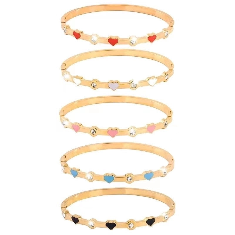 304 Stainless Steel 18K Gold Plated Sweet Minimalist Enamel Inlay Heart Shape Rhinestones Bangle
