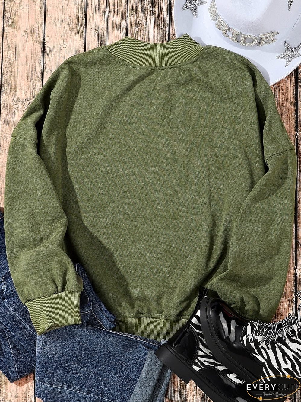 Green Vintage Drop Shoulder Round Neck Pullover Sweatshirt