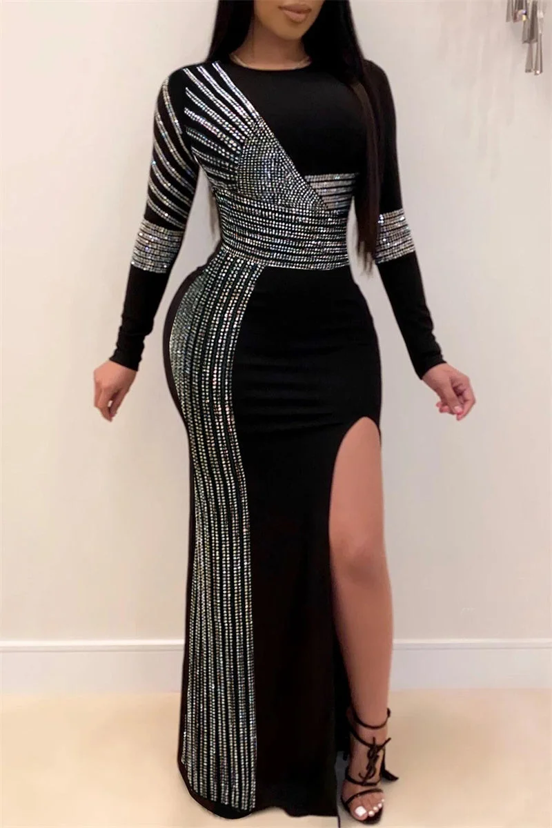 Fashion Sexy Patchwork Hot Drilling Slit O Neck Long Sleeve Dresses