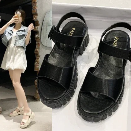 Yengm Women's Sandals Platform Square Heels Ankle Buckle Summer Woman Shoes 2022 Fashion PU Leather Solid Ladies Pumps Non-slip Female