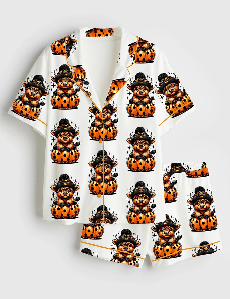 Women&rsquo;s Cute Highland Cow Halloween Pumpkin Spooky Season Short Sleeve Satin Pajama Set
