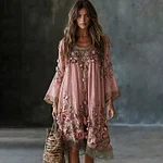 Women's Floral Roses Art Print Flowy Linen Blend Casual Long Sleeve Midi Dress - Image 2