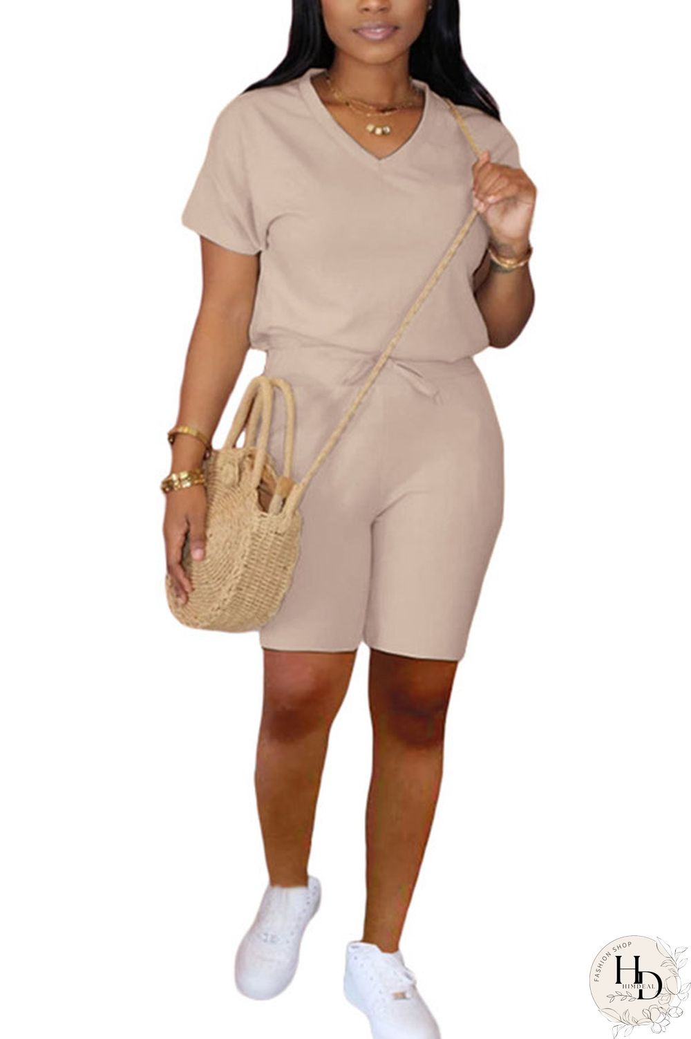 Apricot venetian Casual Two Piece Suits Solid pencil Short Sleeve Two-Piece Short Set