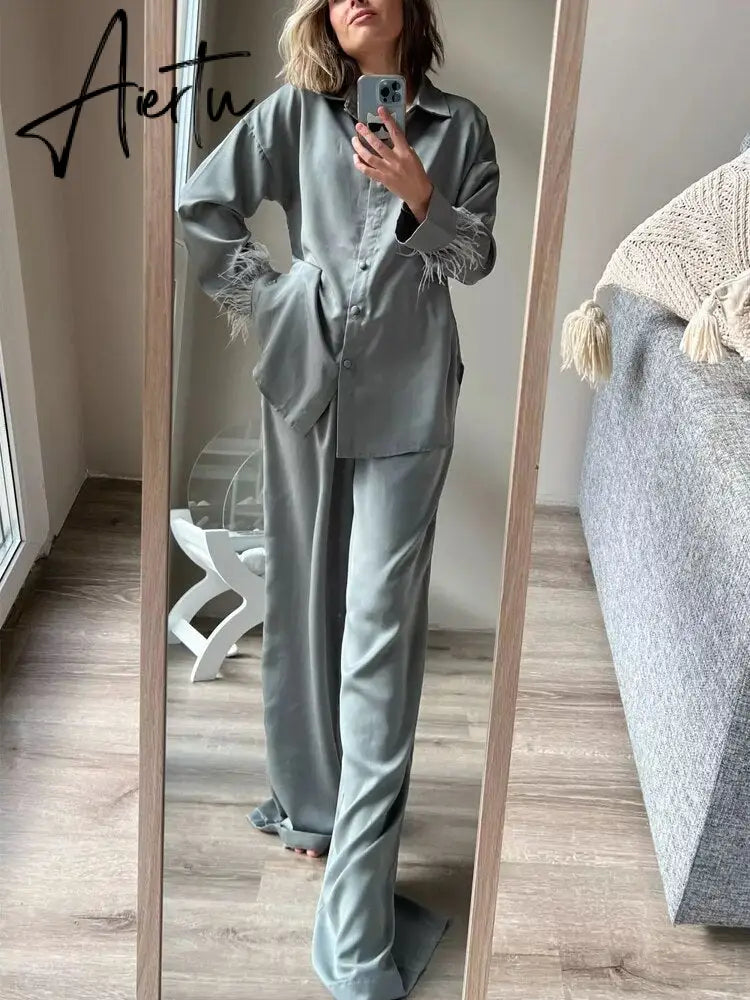 Elegant Sleepwear Pajama Pants Suit Woman Fashion Long Sleeve Feather Blouses Loose Long Pants 2 Piece Sets Womens Outfits Aiertu