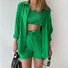 Women's Wrinkled Fabric Casual Long Sleeve Shirt High Waist Drawstring Shorts Two-piece Set