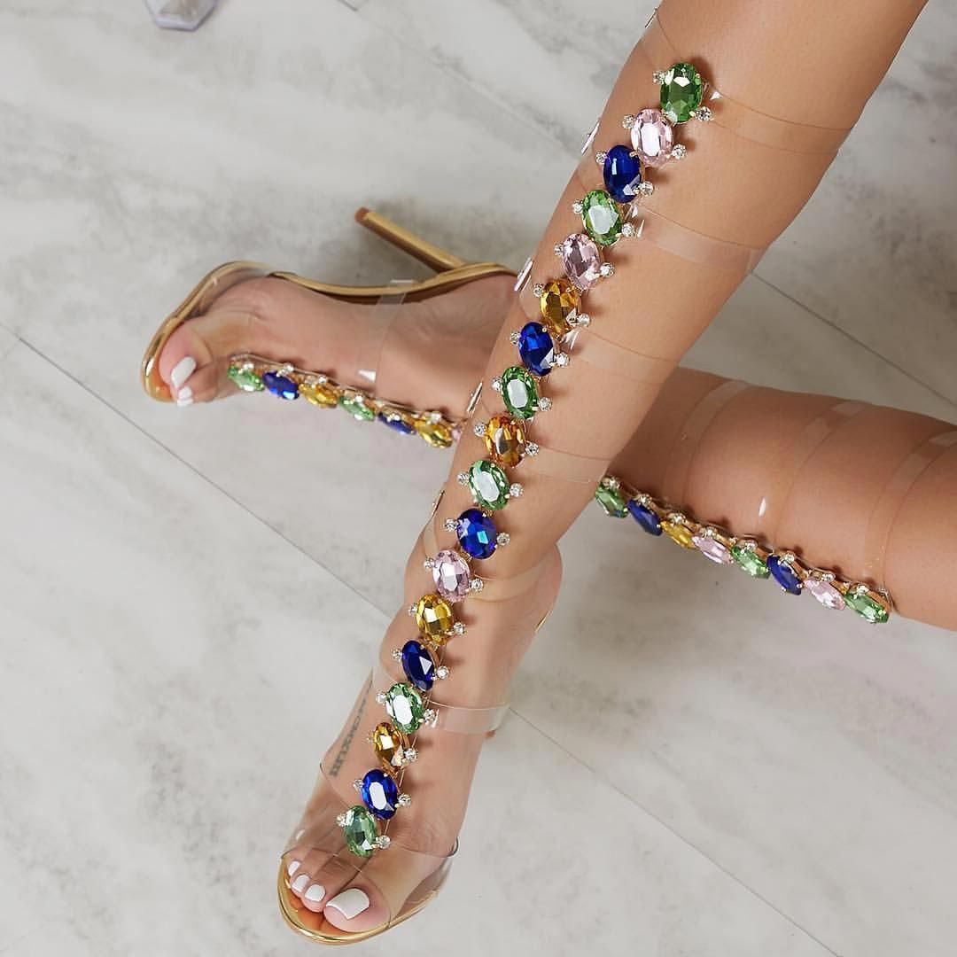 Rhinestone Calf Length Gladiator Heels PVC Clear Buckle Sandals Nicepairs