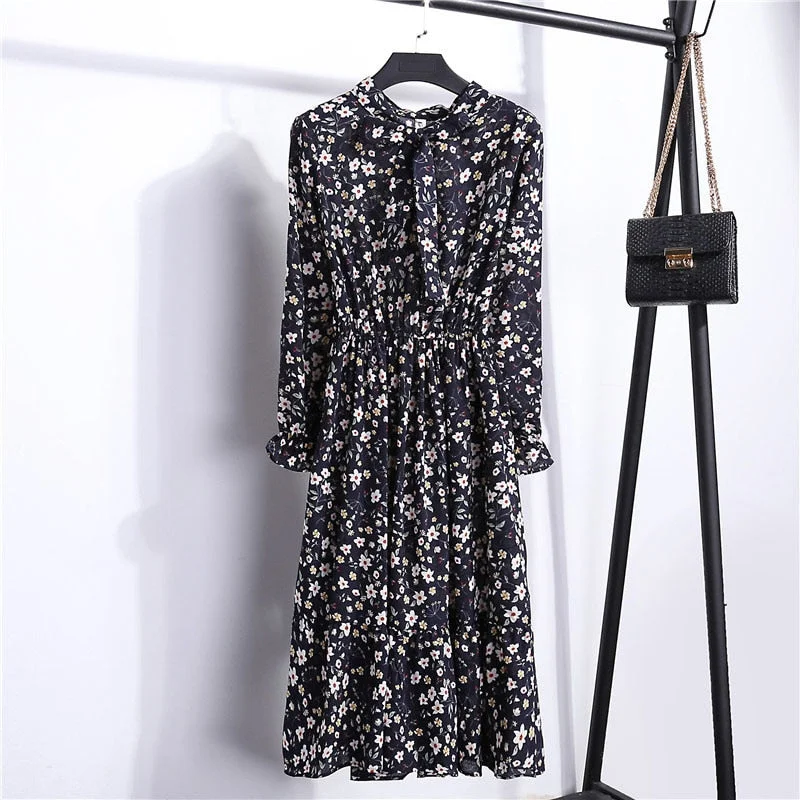 Autumn Chiffon Shirt Dresses Long Sleeve Polka Dot Plaid Office Vintage Dress 2022 Women Summer Casual Midi Floral Dress Vestido