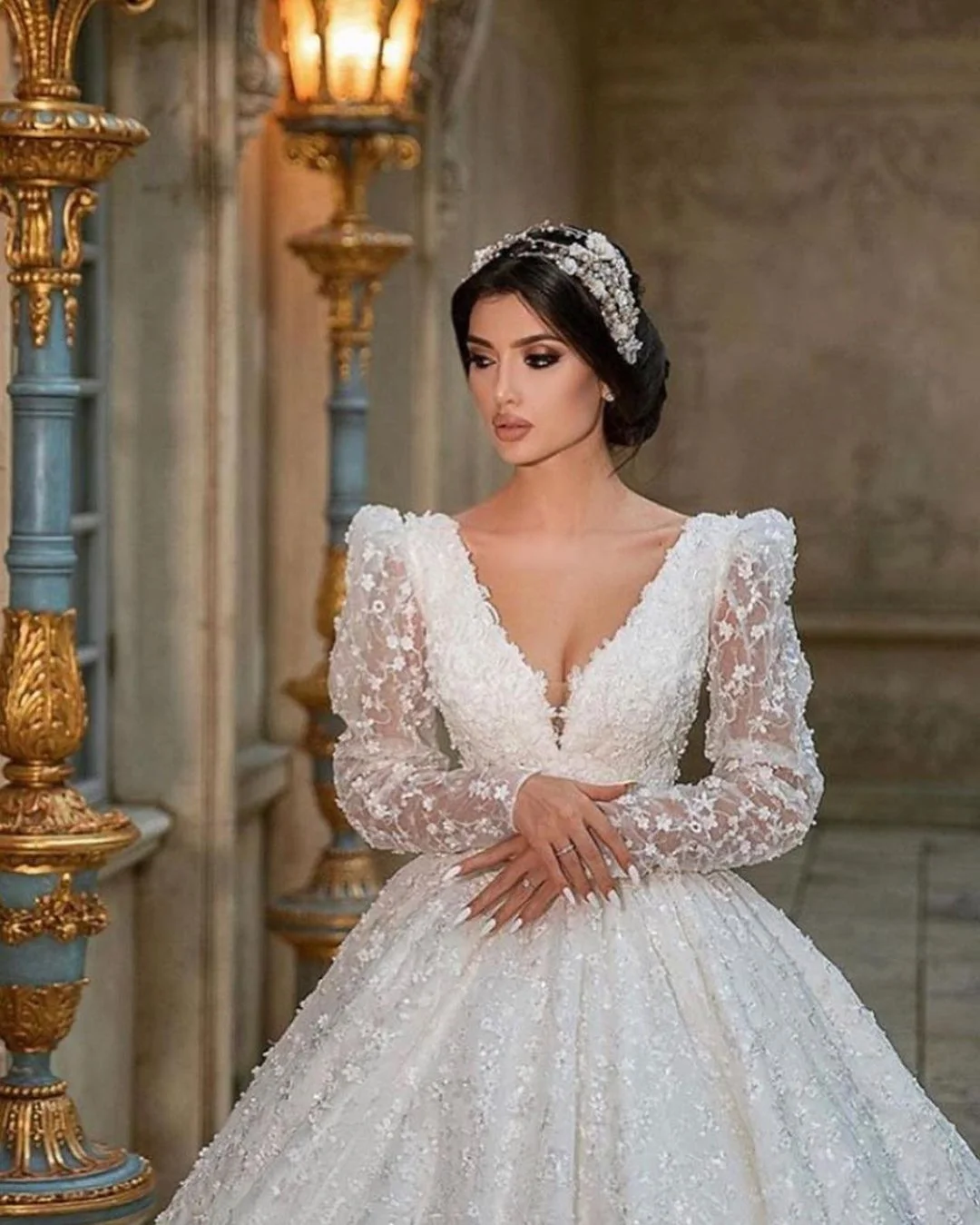Daisda Gorgeous A-Line Deep V-neck Long Sleeve Train Wedding Dress With ...