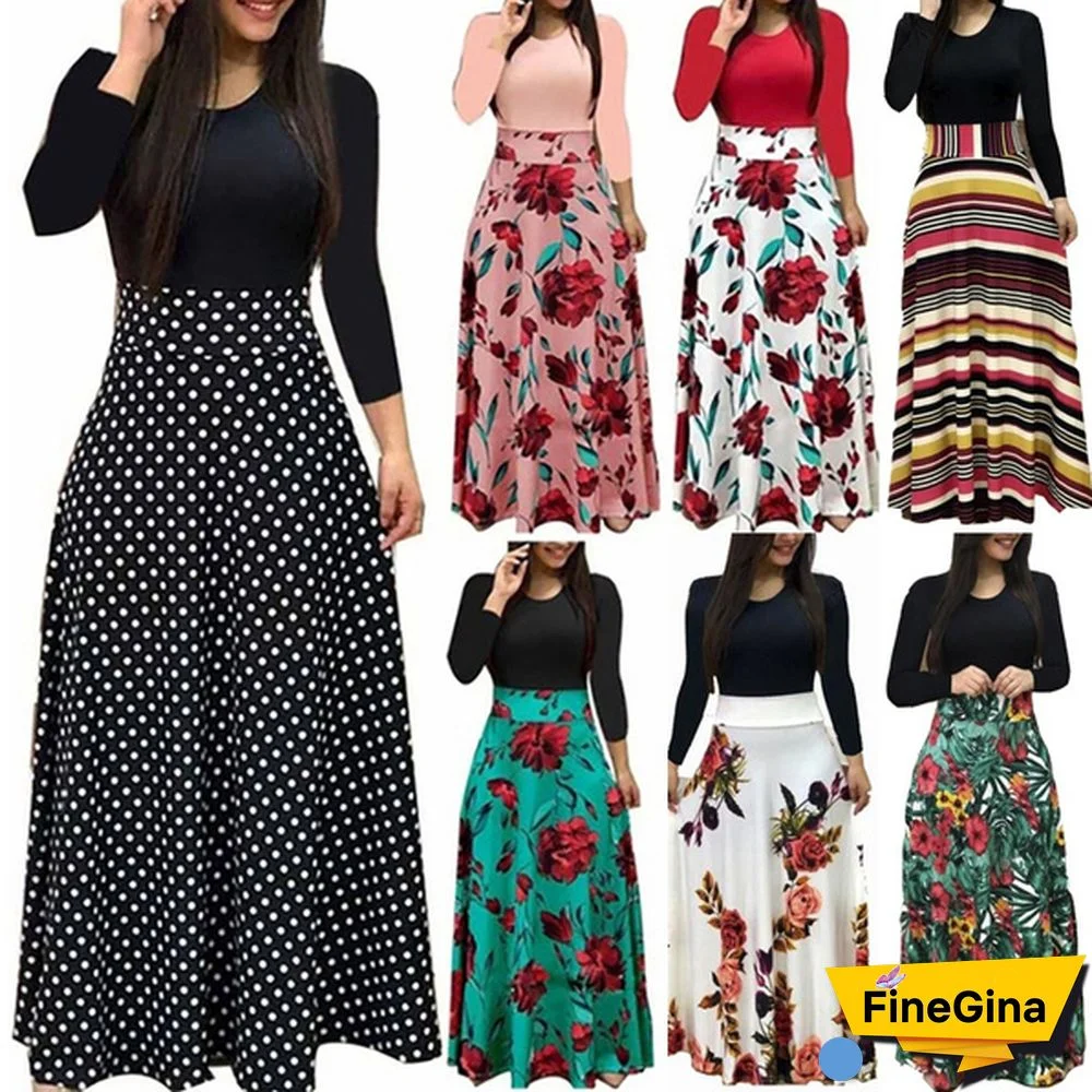 Women's Fashion Causal Dress Long Sleeve Printed Dress High Waist Long Dress Plus Size S-5XL