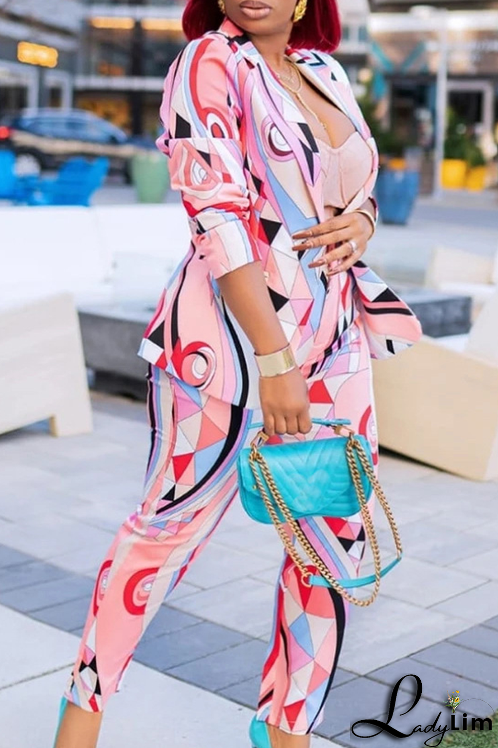 Pink Casual Print Split Joint Turndown Collar Long Sleeve Two Pieces