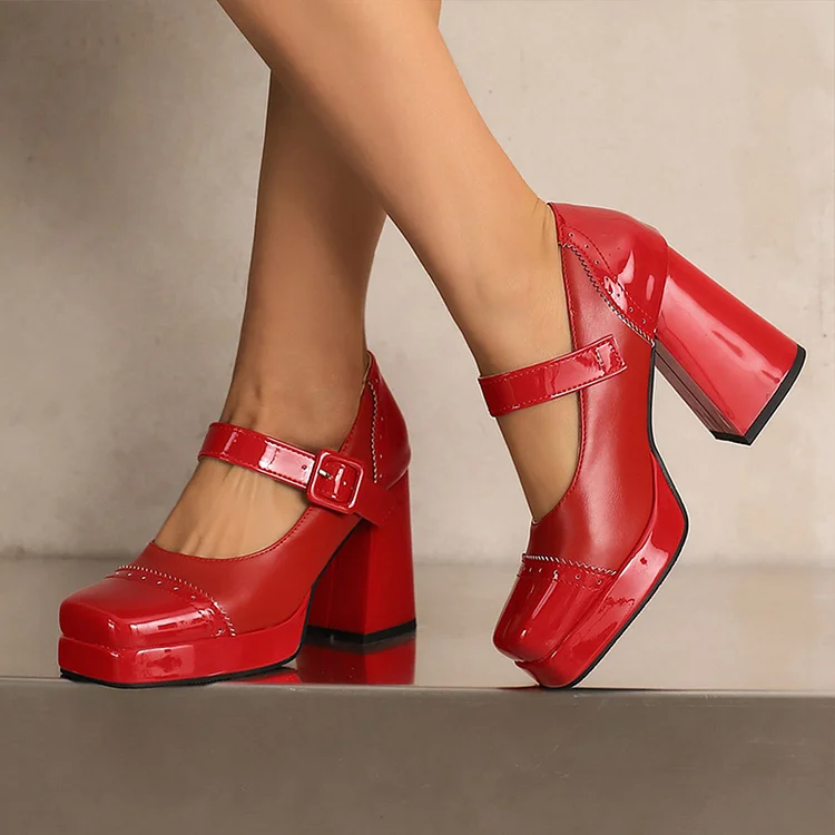 Patchwork Instep Strap Buckle Square Toe Chunky Heels
