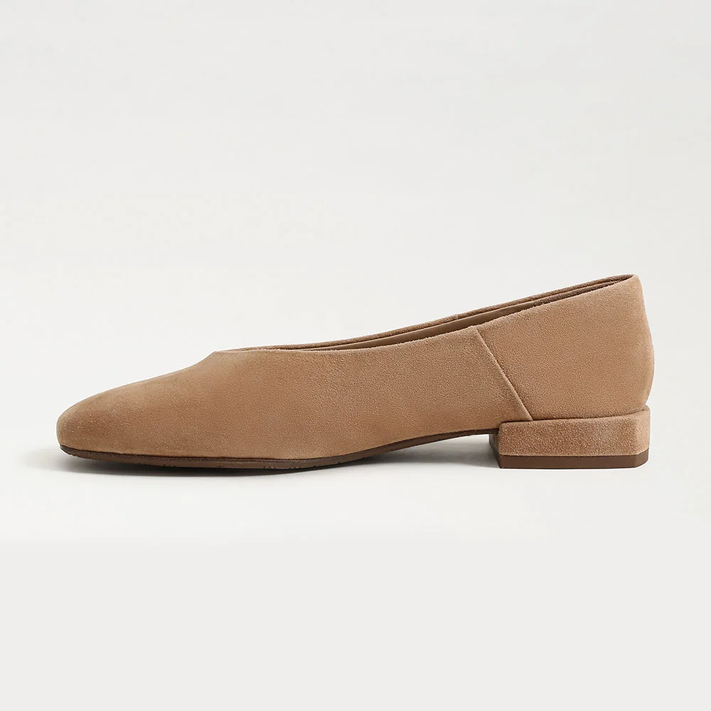 Tan Square Toe Slip On Vegan Suede Flats Business Casual Female Shoes