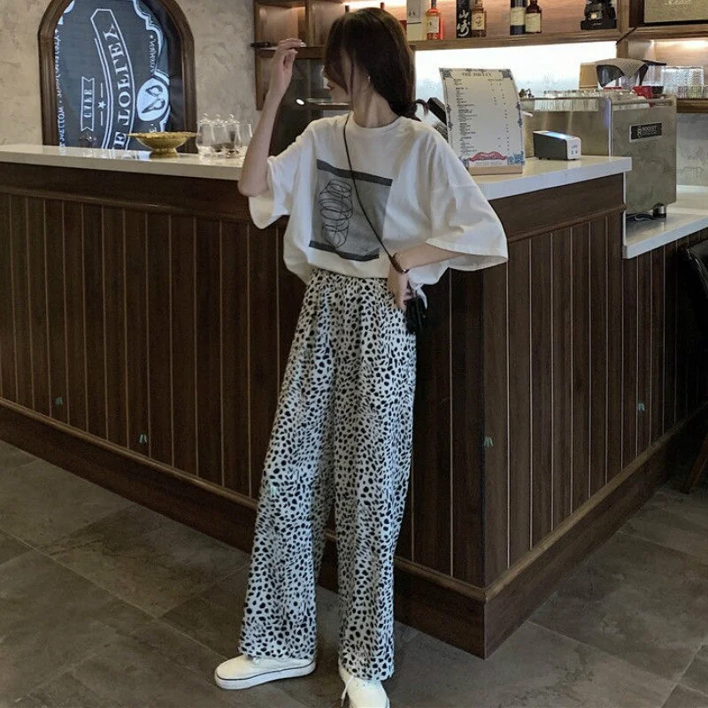 Women Sets Short Sleeve T-shirts Simple Leopard Pants Harajuku Elastic Waist Loose Casual Breathable Soft Ulzzang Stylish Chic