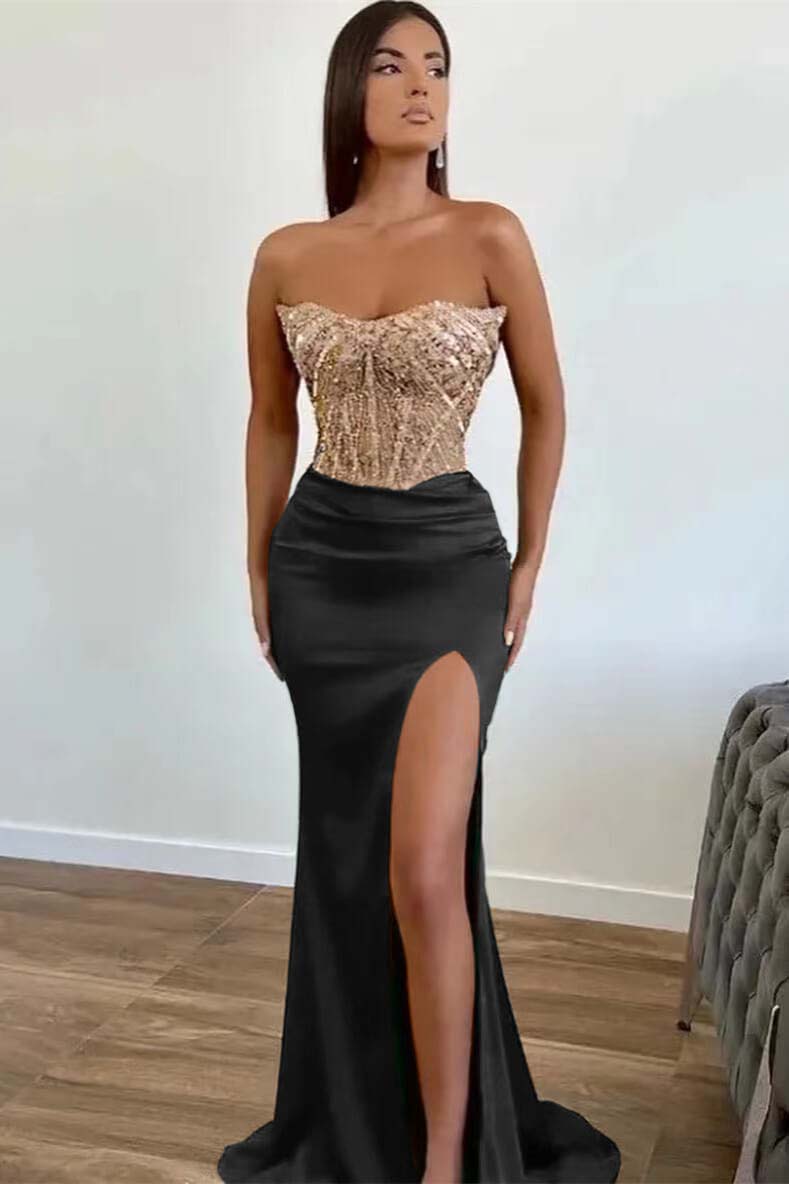  Dark Green Beaded Mermaid Prom Dress Strapless Slit Sequins Gown ED0125