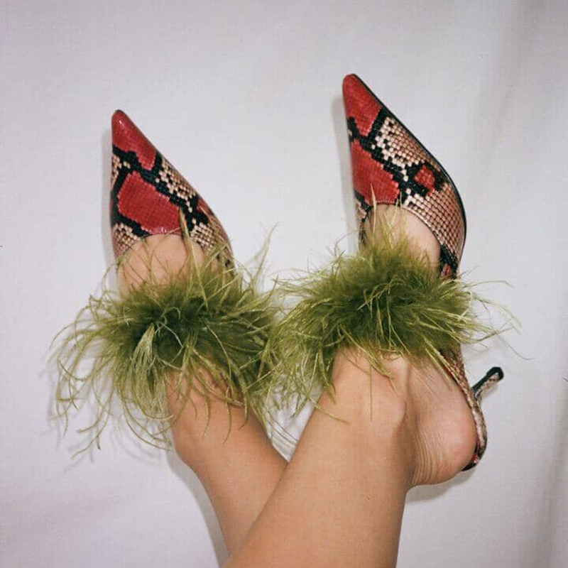 Fashion Feather Strap Pointed Toe Python Embossed Mule Heels